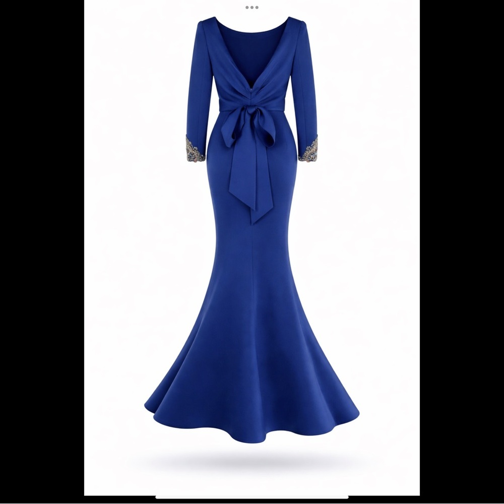 Royal Blue Badgley Mischka Mermaid Evening Gown Beaded Cuffs Bow Back Formal Sz4 - Picture 3 of 16